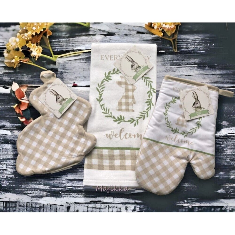 Easter Bunny Kitchen Dish Towel Potholder Oven Mitt Set of 3 Tan Buffalo Check